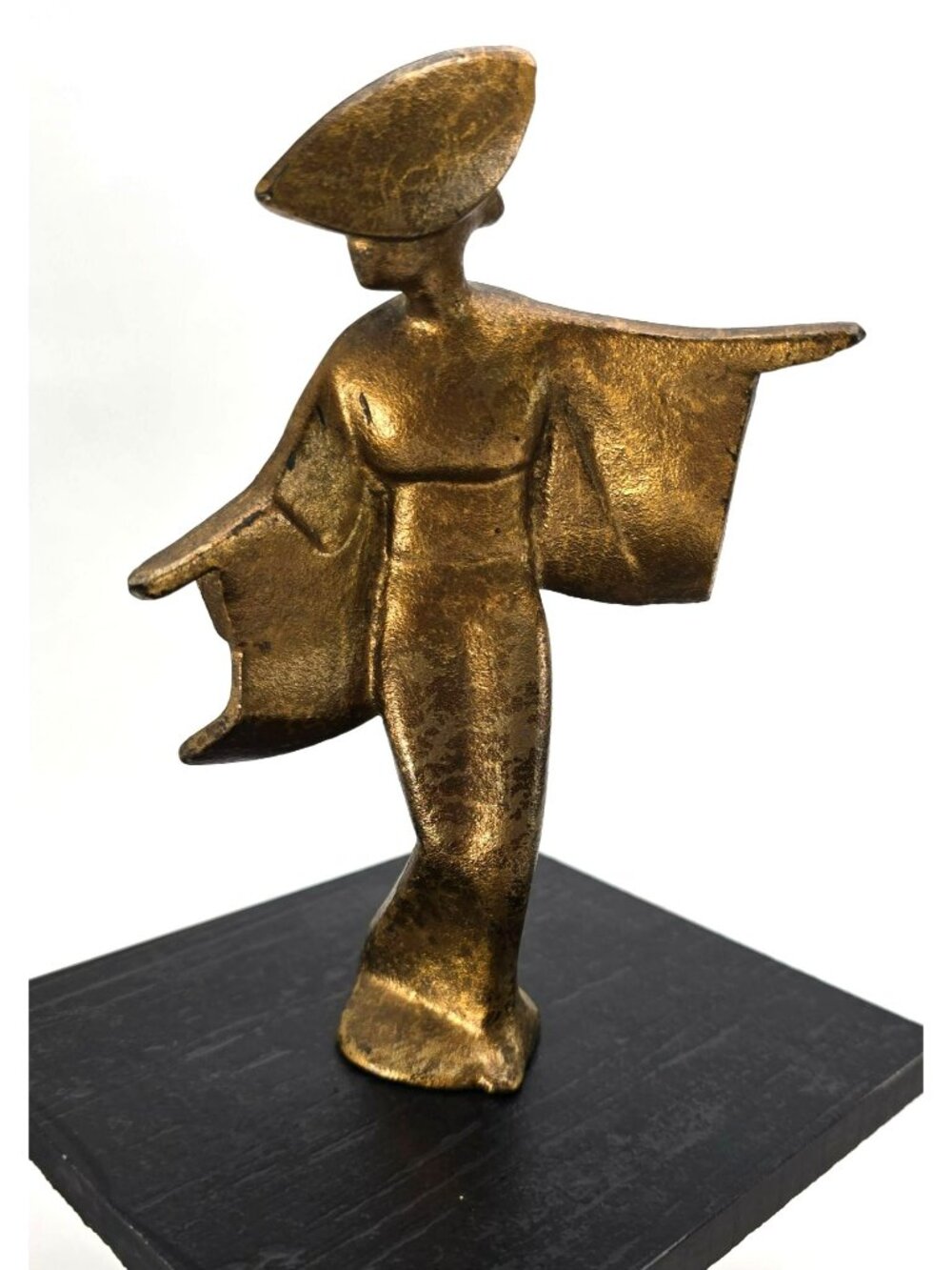 Vintage Bronze Geisha Figurine Sculpture With Kimono & Hat Arms Extended je231